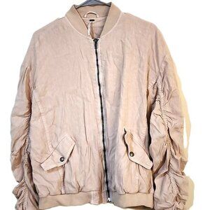 Free People Ruched Linen Bomber Boho Zip Front Almond Beige Jacket Size Small